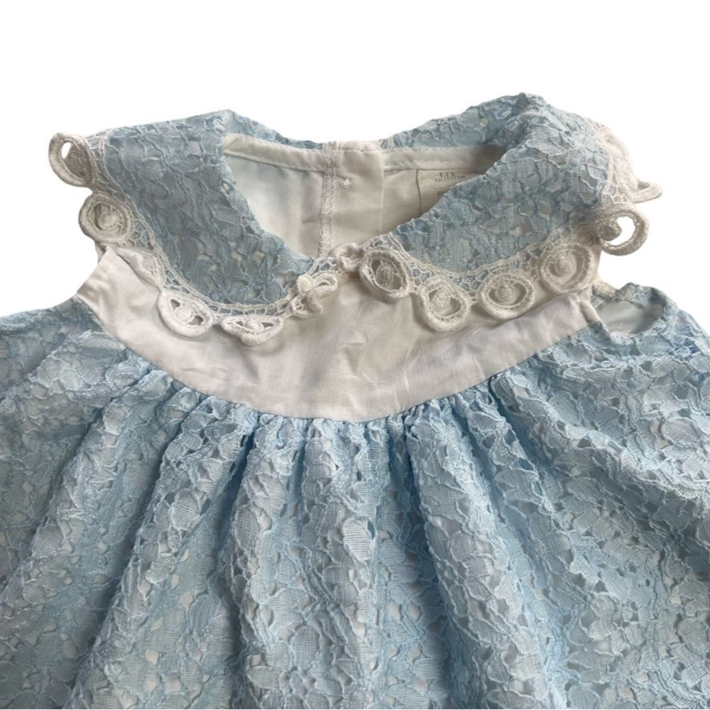 Dainty Vintage 1990s Baby Blue Lace Collared Pleated Two Tone Pearl Button Dress - Picture 2 of 6